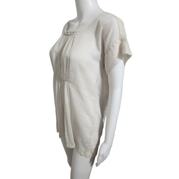 Momoni Medium Peasant Cotton Silk Sheer Lagenlook Blouse Beige Hi Low Hem Top - Picture 5 of 10